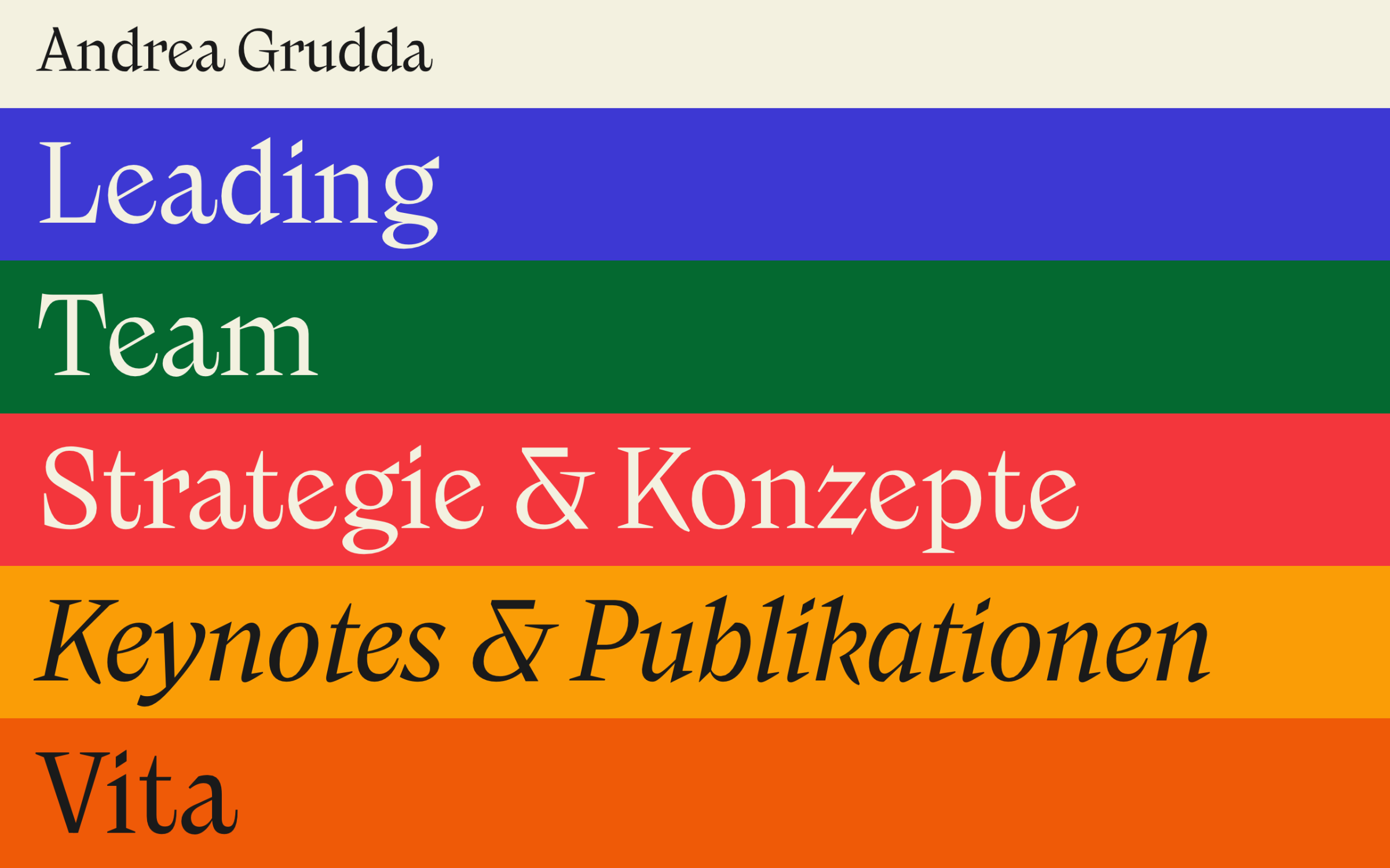 The typeface Nikolai in use for the website of Andrea Grudda, a renowned Author, Consultant and Trainer.