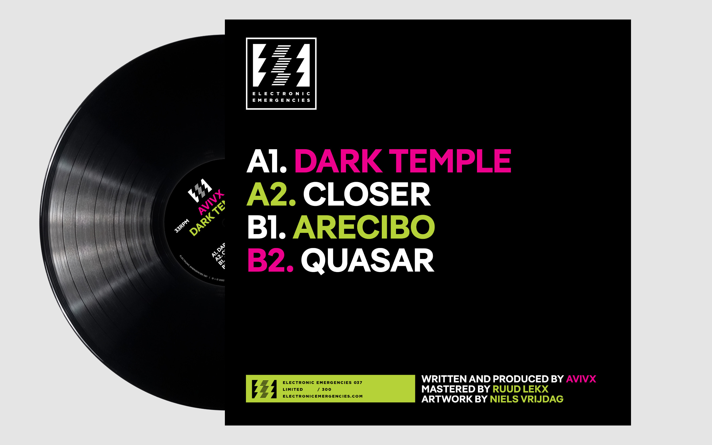 The typeface Pangea in use for DJ AVIVX’s ‘Dark Temple’ 12" EP, a moody, energetic house record.