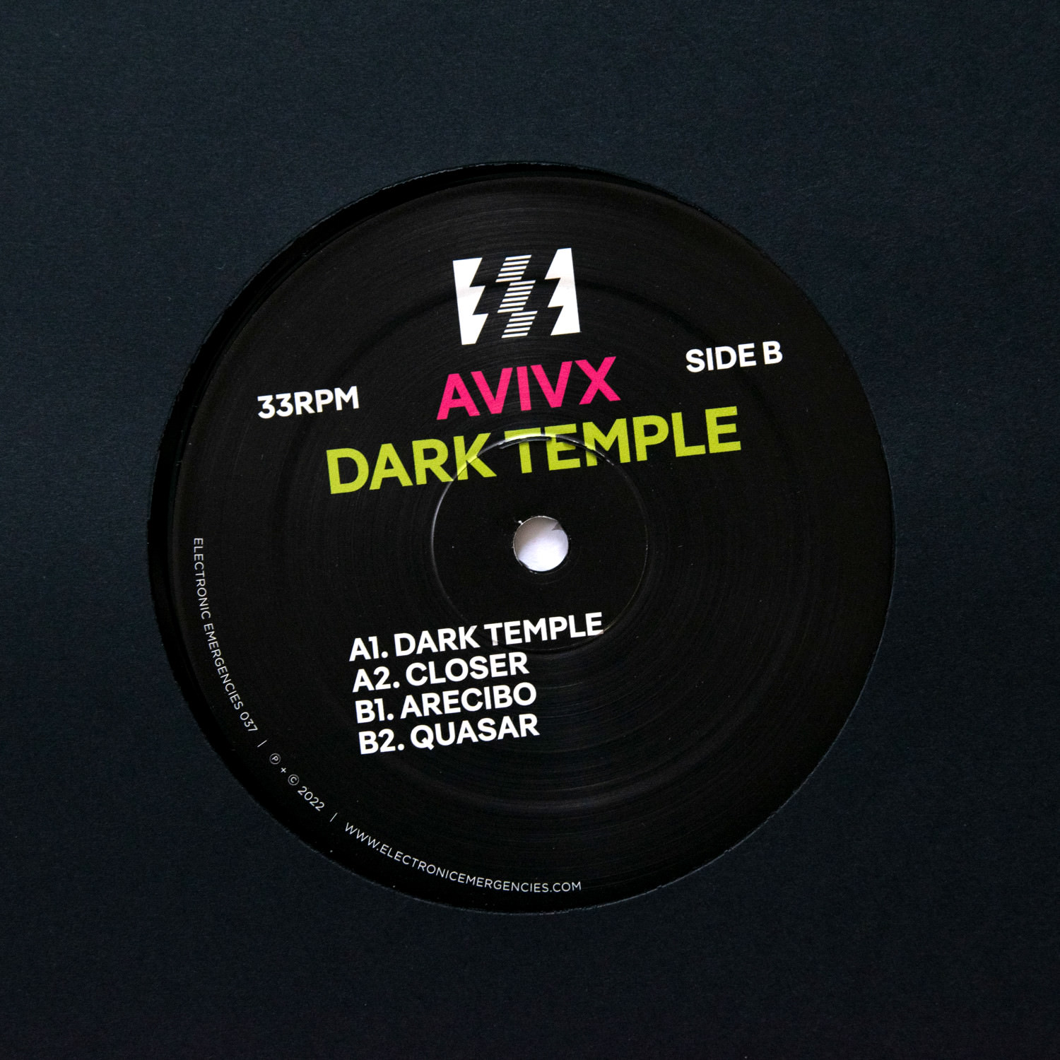 The typeface Pangea in use for DJ AVIVX’s ‘Dark Temple’ 12" EP, a moody, energetic house record.