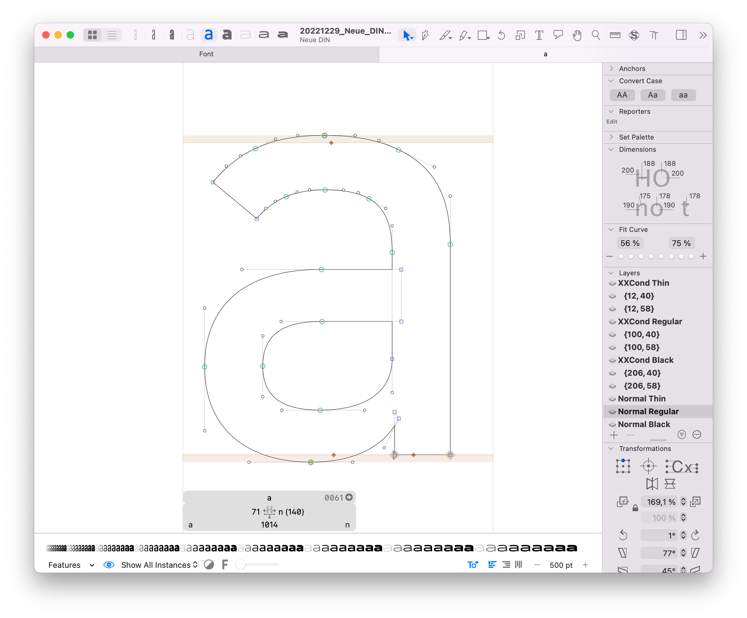 Neue DIN typeface work in progress – Screenshot Glyphs
