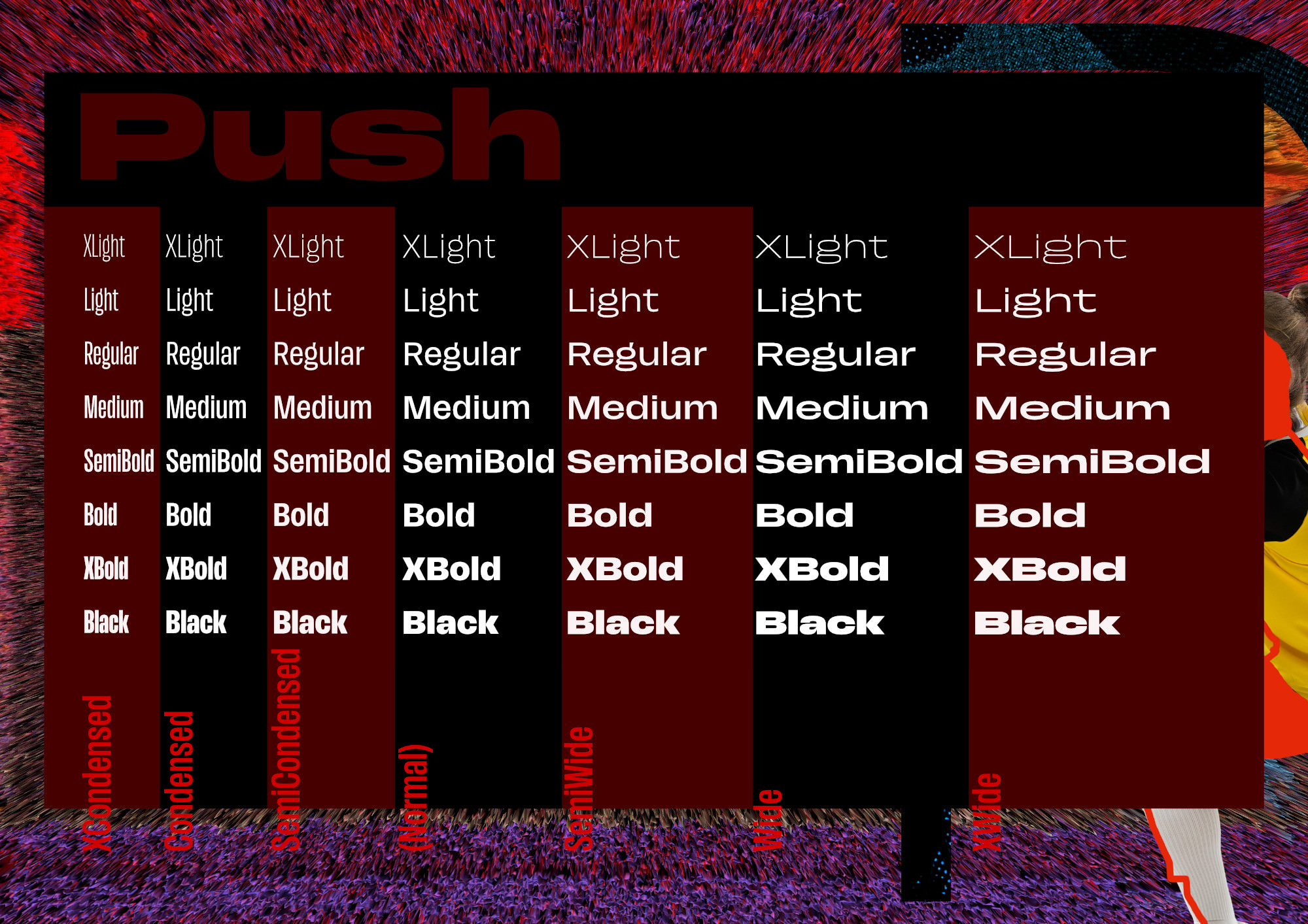 You can now purchase each of the widths of the Push typeface.