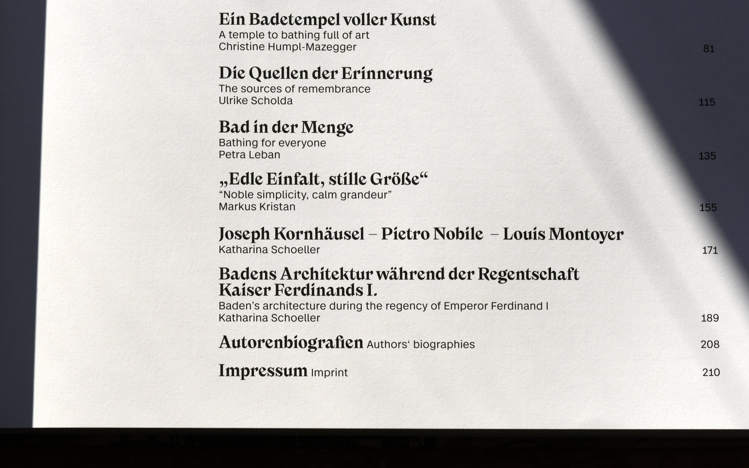 Typefaces Case Text and Nikolai in use for the catalog “200 Years of the Frauenbad – Building Culture and the Art industry in the Spa Town of Baden near Vienna”