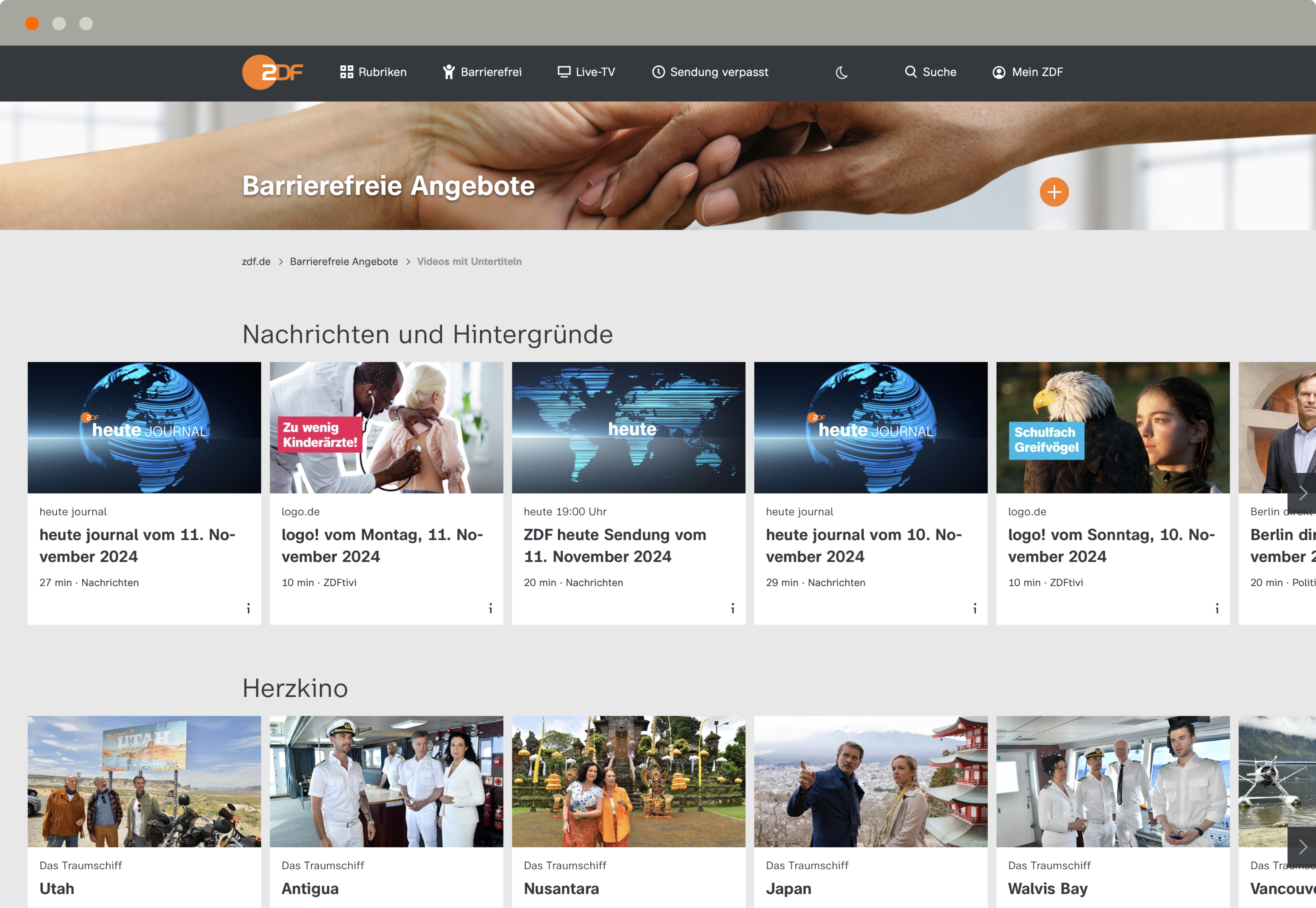 Screenshot ZDF website – Barrierefreie Angebote – 12.11.2024