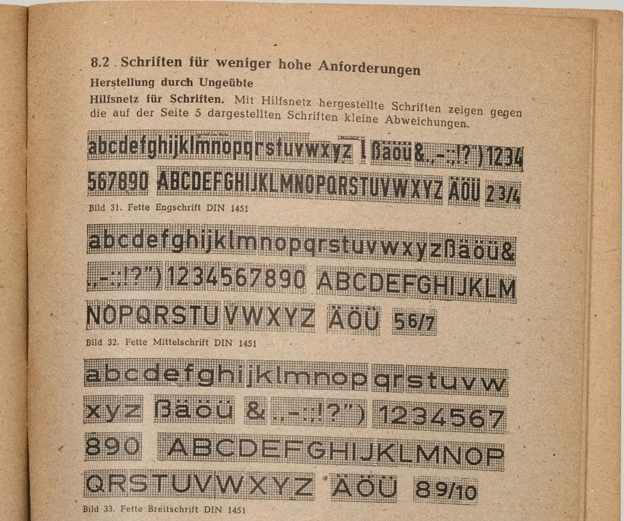 DIN 1451 (Fette Engschrift, Mittelschrift, Breitschrift) as shown in DIN Normenheft 5 ‘Groteskschriften DIN 1451’ by Ludwig Goller from 1949, published by Deutscher Normenausschuß Berlin W 15